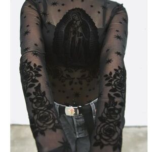 Black Sheer Long Sleeve Top with Floral Design